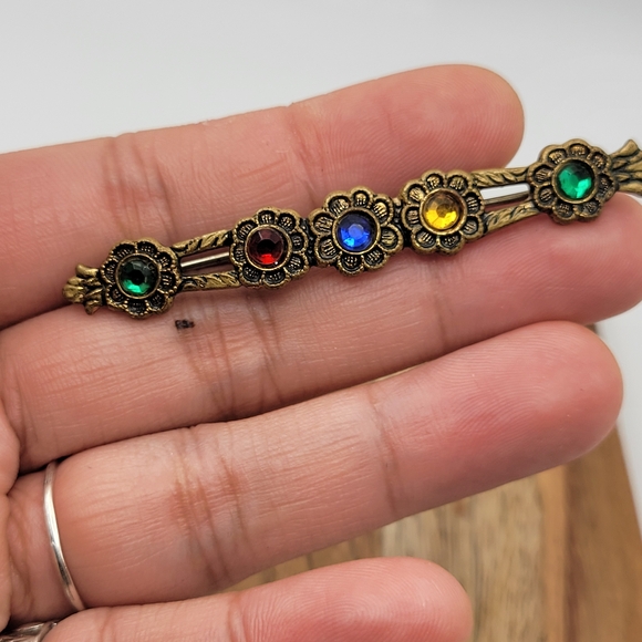 Vintage Brass Bar Multi-color Rhinestones in C-Clasp Closure Circa 1930s - Picture 2 of 6